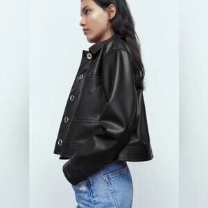Zara Collar Cropped Faux Leather Moto Jacket Patch Pockets Buckle XS Black #3966